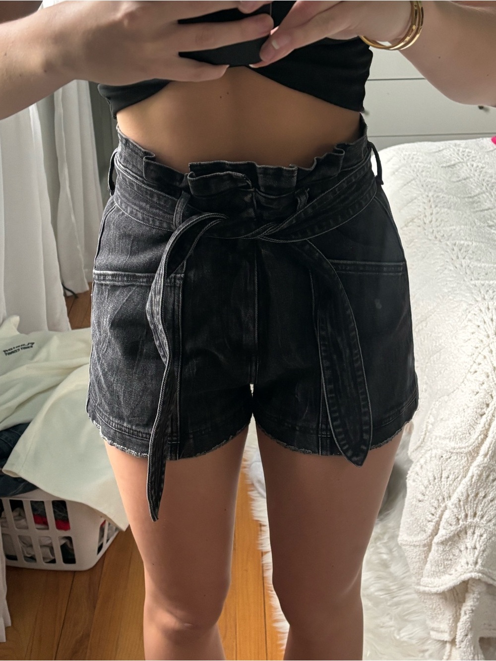 Abercrombie & Fitch Black High-Waist Paperbag Tie Shorts